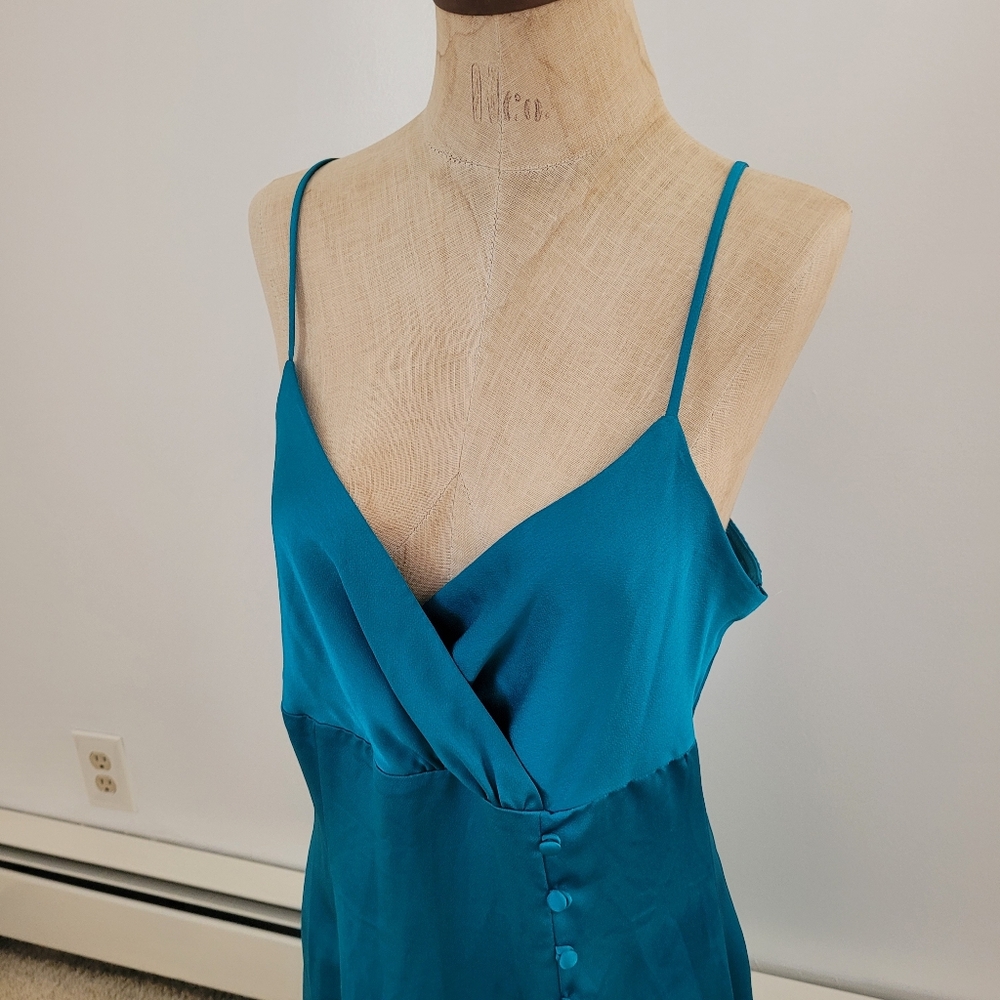 Maison Tara Teal Button Front Slip Dress 90s Minimalist Cocktail 8 View 3